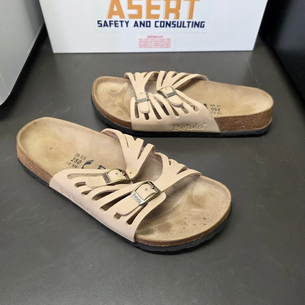 Birkenstocks Betula Sandals Women 8 Beige Leather Slide Buckle Comfort - Picture 2 of 11